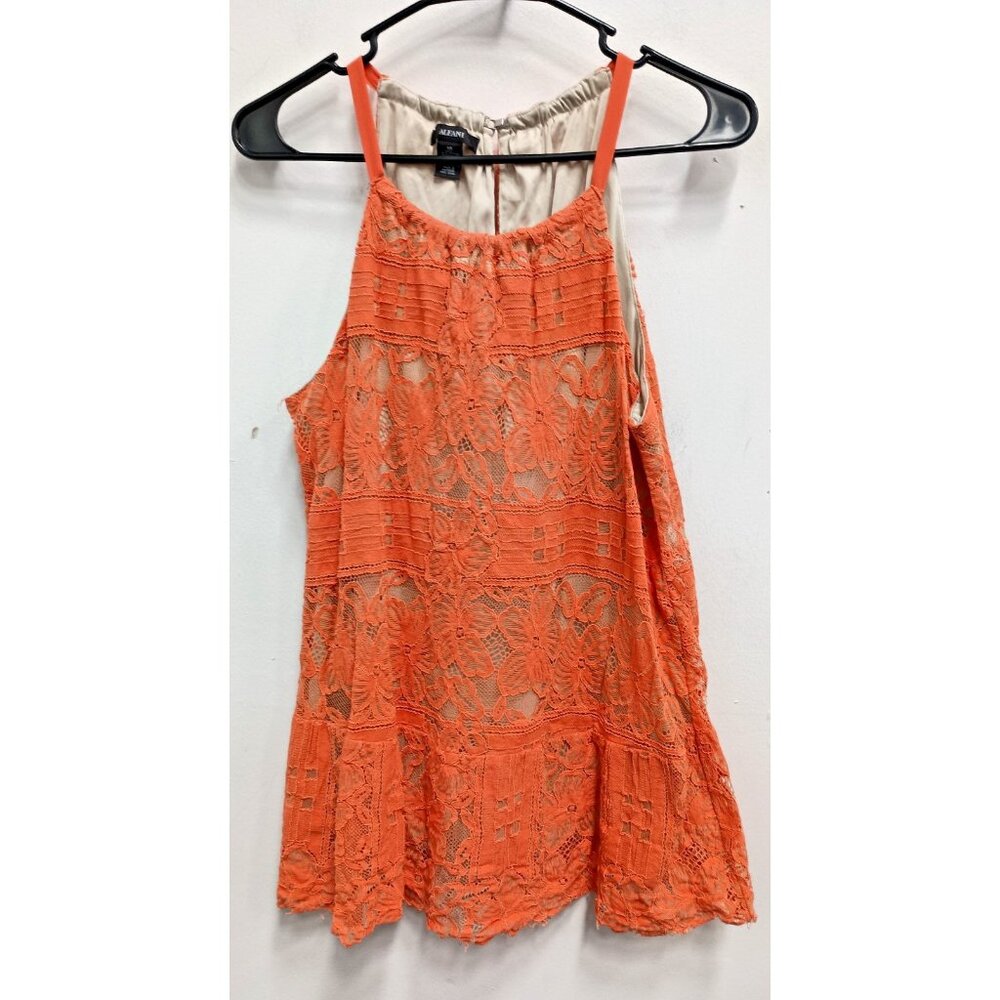 Alfani Tank Top Womens Size 10 Orange Lace Floral Fairy BOHO Ruffle Hem Halter